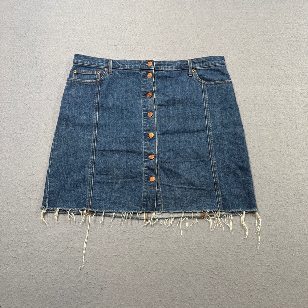 Gap Mini Skirt Women's 34 Blue Denim Button Front Medium Indigo Frayed Hem Chic